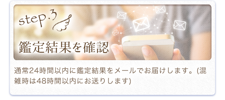 3.鑑定結果を確認：通常24時間以内に鑑定結果をメールでお届けします。※混雑時は48時間以内にお送りします